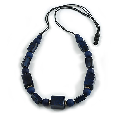Chunky Dark Blue with Animal Print Cube and Ball Wood Bead Cord Necklace - 90cm Max - main view