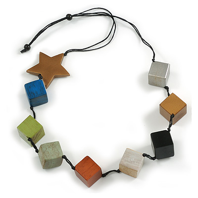 Multicoloured Wood Cube Bead with Star Motif Cotton Cord Necklace - 80cm Max L/ Adjustable - main view