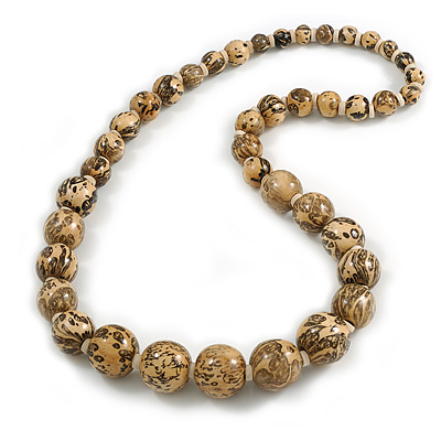 Animal Print Wooden Bead Chunky Necklace in Natural/ Black - 70cm Long