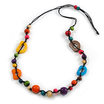 Funky Multicoloured Wood Bead Black Cotton Cord Necklace - 80cm Long - main view