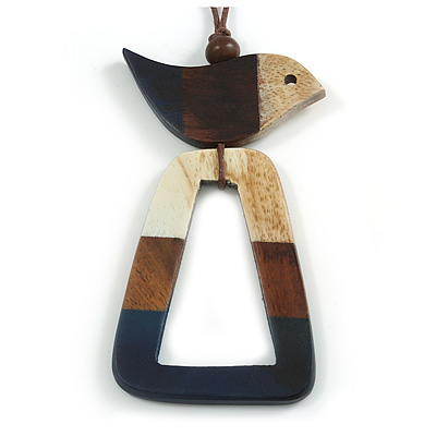 Dark Blue/Brown/Antique White Bird and Triangular Wooden Pendant Brown Cotton Cord Long Necklace - 90cm L/ 11cm Pendant - main view