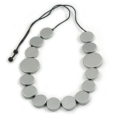 Metallic Silver Coin Wood Bead Cotton Cord Long Necklace - 100cm Long (Max Length) Adjustable - main view