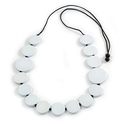 White Coin Wood Bead Cotton Cord Long Necklace - 100cm Long (Max Length)
