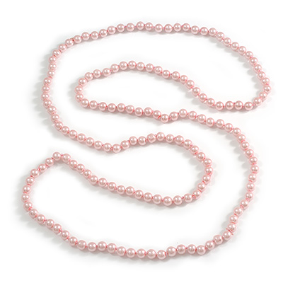 Long Light Pink Glass Bead Necklace - 148cm Length/ 8mm