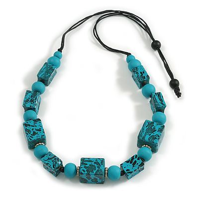 Chunky Turquoise with Animal Print Cube and Ball Wood Bead Cord Necklace - 90cm Max - main view