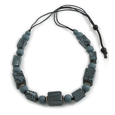 Chunky Grey with Animal Print Cube and Ball Wood Bead Cord Necklace - 90cm Max - main view