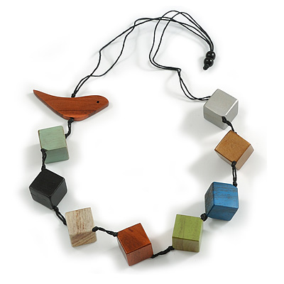 Multicoloured Wood Cube Bead with Bird Motif Cotton Cord Necklace - 80cm Max L/ Adjustable - main view