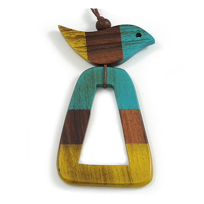 Turquoise/Brown/Yellow Bird and Triangular Wooden Pendant Brown Cotton Cord Long Necklace - 90cm L/ 11cm Pendant - main view