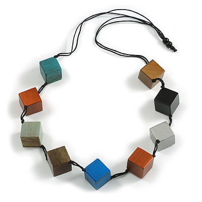 Multicoloured Wood Cube Bead Black Cotton Cord Necklace - 80cm Max L/ Adjustable - main view