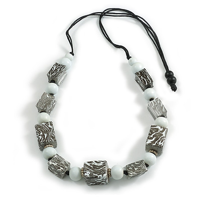 Chunky White/ Black with Animal Print Cube and Ball Wood Bead Cord Necklace - 90cm Max - main view