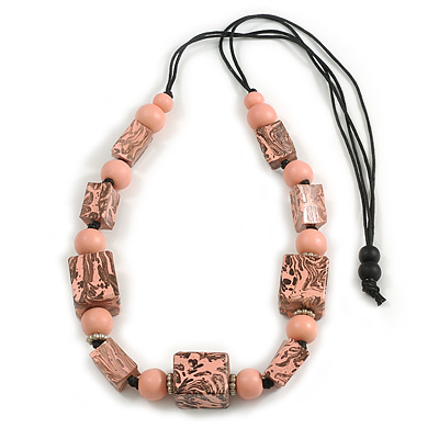 Chunky Pastel Pink with Animal Print Cube and Ball Wood Bead Cord Necklace - 90cm Max - main view