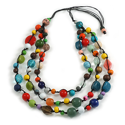 Layered Multicoloured Wood/ Ceramic/ Glass Bead Cotton Cord Necklace - 90cm L