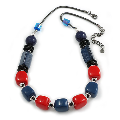 Chunky Blue/ Red Acrylic Bead Black Chain Necklace - 70cm L/ 8cm Ext - main view