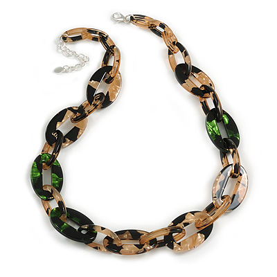 Chunky Acrylic Oval Link Statement Necklace in Brown/Black/Green - 60cm L/ 6cm Ext - main view