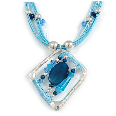 Glass Bead Cotton Cord Square Pendant Double Multicord Necklace In Light Blue - 44cm L/ 6cm Ext