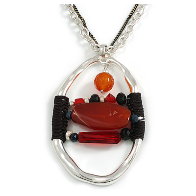 Orange/Black/Red Glass Bead Black Cotton Cord Oval Pendant Double Chain In Silver Tone - 46cm L/ 7cm Ext