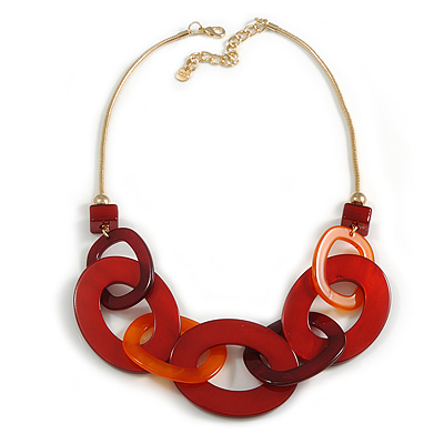 Statement Red Orange Oval Acrylic Link Gold Chain Necklace - 56cm L/ 8cm Ext - main view
