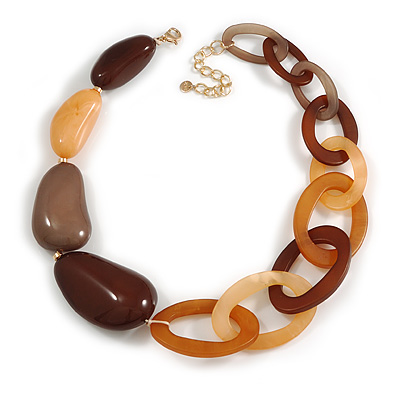 Chunky Acrylic Nugget and Oval Link Necklace in Brown Hues with Gold Tone Closure - 56cm L/ 8cm Ext - main view