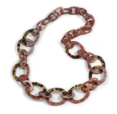 Long Chunky Acrylic Oval Link Necklace in Plum Purple with Animal Print - 100cm Long - main view