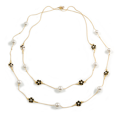Delicate Double Strand Faux Pearl Bead and Black Enamel Flower Gold Tone Chain Necklace/96cm L - main view