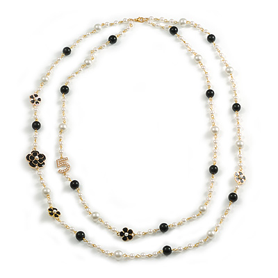 Faux Pearl White/ Black Bead With Black/White Enamel Daisy Motif Double Chain Long Necklace in Gold Tone - 86cm L - main view