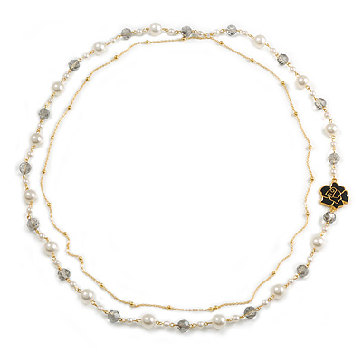 Faux White Pearl Grey Glass Bead With Black Enamel Rose Motif Double Chain Long Necklace in Gold Tone - 84cm L - main view