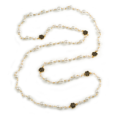 Romantic Faux Pearl Bead with Black/White Enamel Rose Element Long Necklace in Gold Tone - 154cm Long - main view