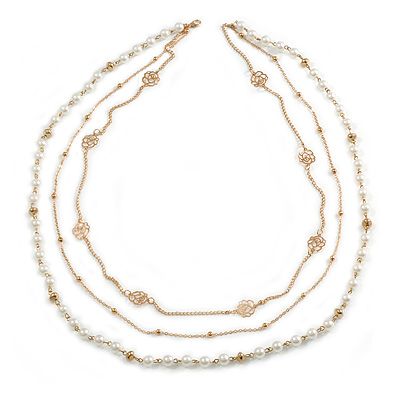 Faux White Pearl Bead Rose Motif Triple Chain Long Layered Necklace in Gold Tone - 82cm L - main view