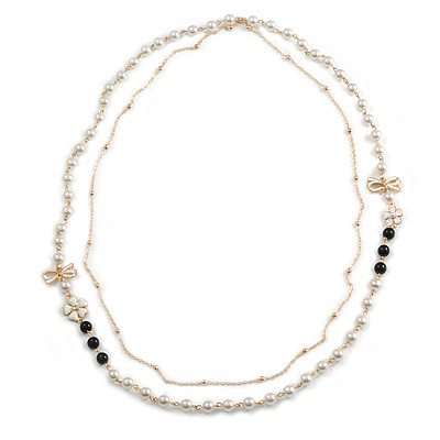 Faux Pearl White/ Black Bead With Enamel Flower/ Bow Motif Double Chain Long Necklace in Gold Tone - 84cm L - main view