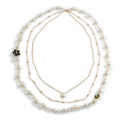 Faux White Pearl Clear Glass Bead With Black Enamel Daisy Motif Triple Chain Long Necklace in Gold Tone - 90cm L - main view
