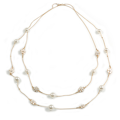 Delicate Double Strand Faux Pearl Bead and White Enamel Flower Gold Tone Chain Necklace/96cm L - main view