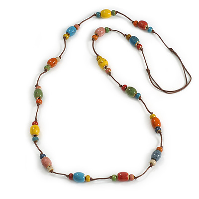 Multicoloured Ceramic Bead Brown Cotton Cord Long Necklace/80cmL/Adjustable/Slight Variation In Colour/Natural Irregularities - main view