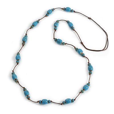 Light Blue Ceramic Bead Brown Cotton Cord Long Necklace/80cmL/Adjustable/Slight Variation In Colour/Natural Irregularities