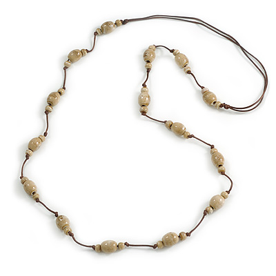Antique White Ceramic Bead Brown Cotton Cord Long Necklace/80cmL/Adjustable/Slight Variation In Colour/Natural Irregularities - main view