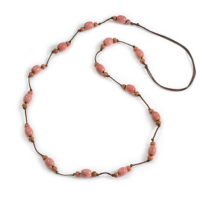 Dusty Pink Ceramic Bead Brown Cotton Cord Long Necklace/80cmL/Adjustable/Slight Variation In Colour/Natural Irregularities