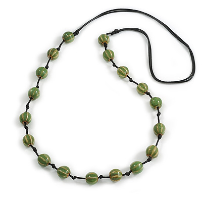 Green Ceramic Bead Black Cotton Cord Long Necklace/86cm L/ Adjustable/Slight Variation In Colour/Natural Irregularities - main view