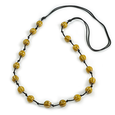 Dusty Yellow Ceramic Bead Black Cotton Cord Long Necklace/86cm L/ Adjustable/Slight Variation In Colour/Natural Irregularities - main view
