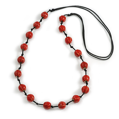 Red Ceramic Bead Black Cotton Cord Long Necklace/86cm L/ Adjustable/Slight Variation In Colour/Natural Irregularities - main view