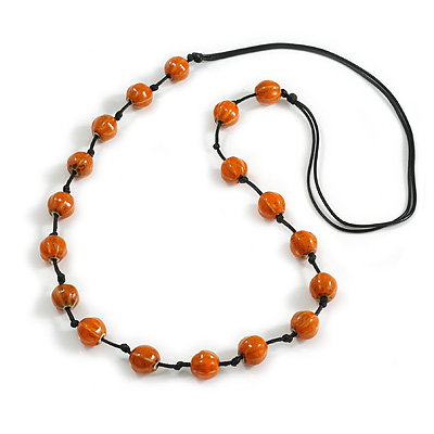 Dusty Orange Ceramic Bead Black Cotton Cord Long Necklace/86cm L/ Adjustable/Slight Variation In Colour/Natural Irregularities - main view