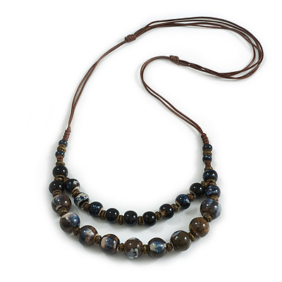 Layered Graduated Dark Blue/Brown/White Ceramic Bead Brown Silk Cord Necklace - 60-70cm L/ Adjustable - main view