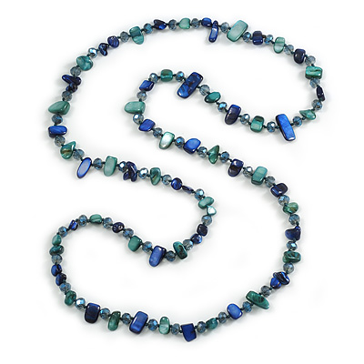 Inky Blue/Teal Shell Nugget and Cobalt Blue Glass Bead Long Necklace - 115cm L