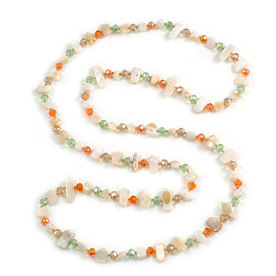 Off White/Orange/Green/Citrine Shell Nugget and Glass Bead Long Necklace - 115cm Long - main view