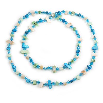 Sky Blue/Off White/Selery Green Shell Nugget and Light Blue Glass Bead Long Necklace/120cm Long - main view