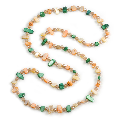 Melon Orange/Light Yellow/Green Shell Nugget and Citrine Glass Bead Long Necklace - 115cm Long - main view