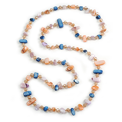 Salmon/Blue/Lavender/Citrine Shell Nugget and Glass Bead Long Necklace - 115cm Long - main view