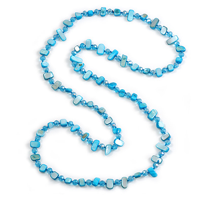 Azure Blue Shell Nugget and Sky Blue Glass Bead Long Necklace/115cm Long - main view