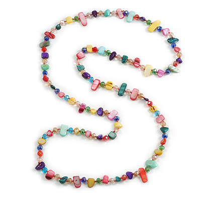 Multicoloured Shell Nugget and Glass Bead Long Necklace - 115cm Long