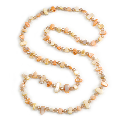 Melon/Pale Yellow Shell Nugget and Citrine Glass Bead Long Necklace - 115cm Long