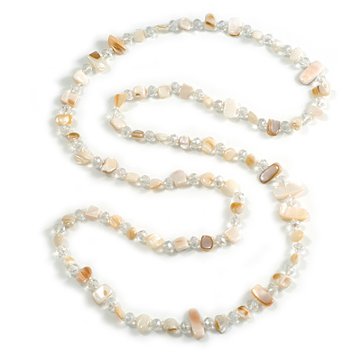 Off White Shell Nugget and Transparent Glass Bead Long Necklace - 115cm Long - main view