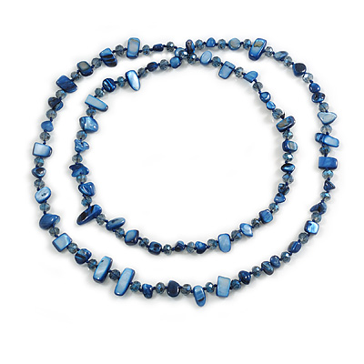 Navy Blue Shell Nugget and Space Blue Glass Bead Long Necklace - 115cm Long